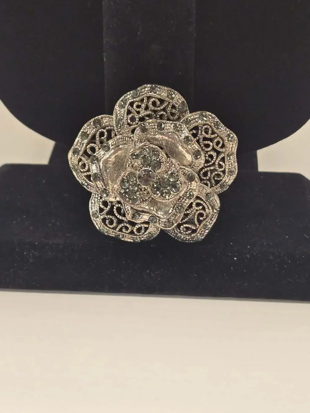 Silver Tone Filigree Flower Brooch with Grey Rhinestones